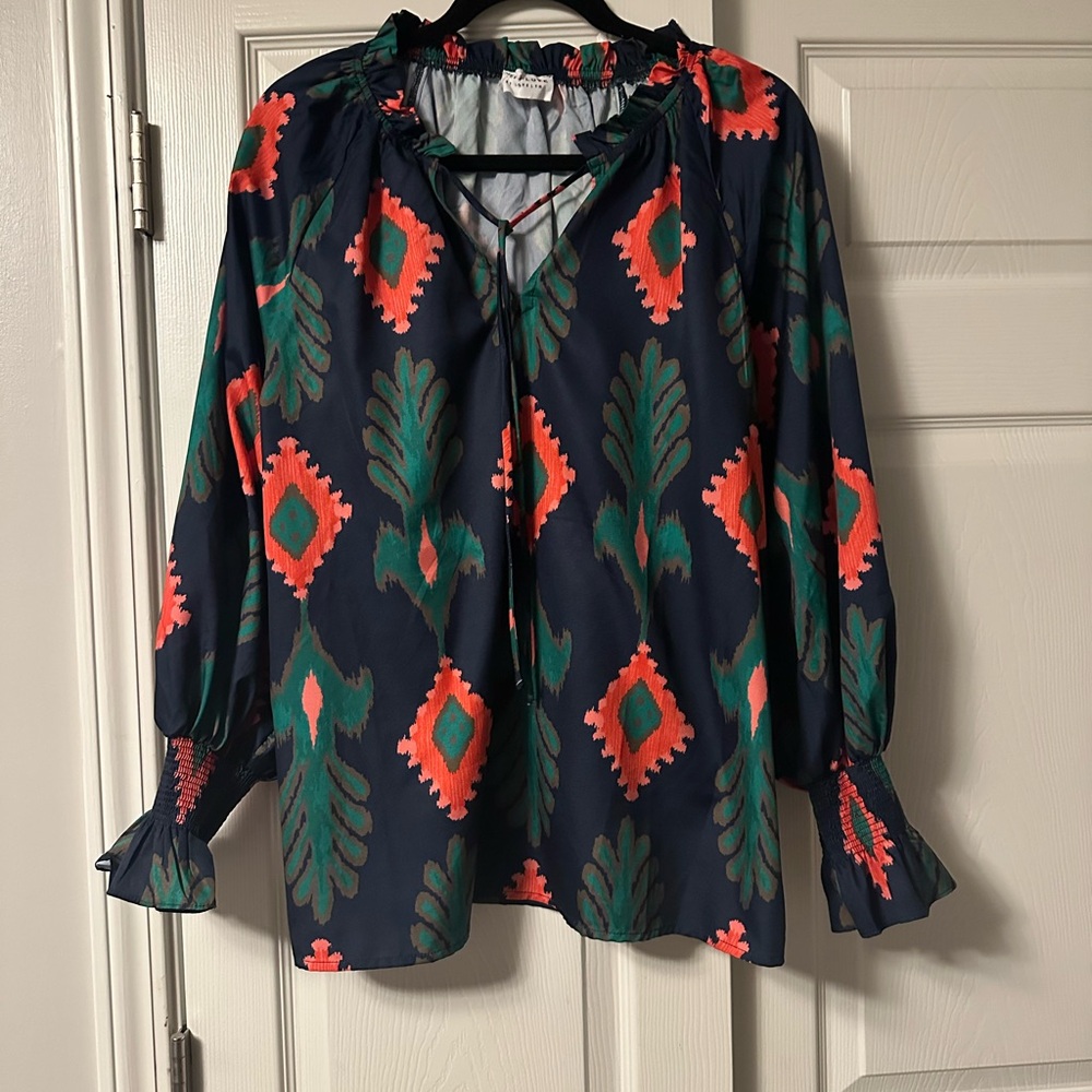 Navy, Green and Coral Patterned Women's Top